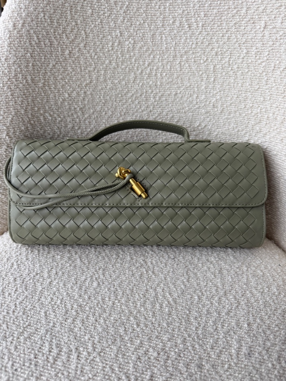 Woven Leather Top-Handle Clutch in Olive Green